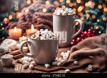 Eine gemütliche und einladende Szene mit einem Becher gefüllt mit heißem Kakao und Marshmallows Stockfoto