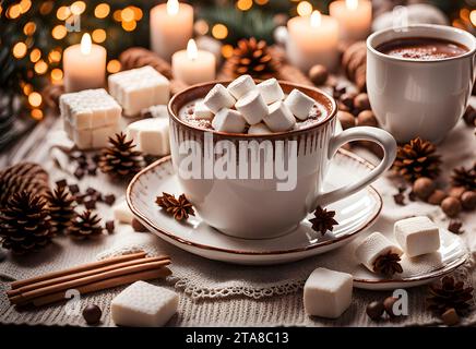 Eine gemütliche und einladende Szene mit einem Becher gefüllt mit heißem Kakao und Marshmallows. Stockfoto
