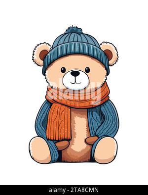 Süßer Teddybär, der in warmen Winterkleidung sitzt Stock Vektor