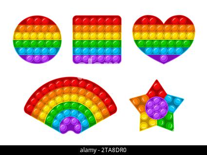 Pop it Fidget Set, trendiges Anti-Stress-Sinnesspielzeug isoliert auf weißem Hintergrund. Anders geformtes Antistress-Kinderspiel. Buntes Handspielzeug Stock Vektor