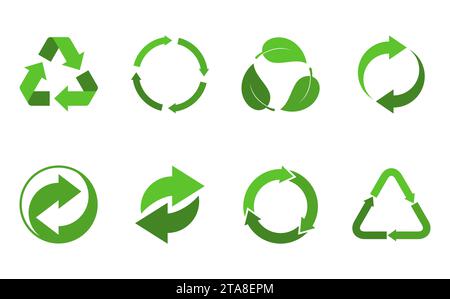 Recycling-Symbole sind isoliert auf weißem Hintergrund gesetzt. Pfeil, der das Konzept des unendlichen Recyclings dreht. Recycling von Öko-Symbolen, Sammlung von Öko-Symbolen Stock Vektor