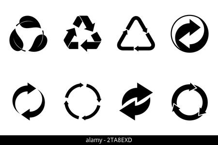 Schwarze Recycling-Symbole sind isoliert auf weißem Hintergrund gesetzt. Pfeil, der das Konzept des unendlichen Recyclings dreht. Recycling von Öko-Symbolen, Sammlung von Öko-Symbolen Stock Vektor