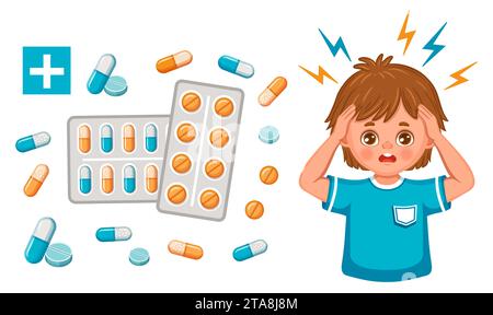 Kopfschmerzen, Migränemedikamentöse Apothekenpillen. Junge Kind fühlt Kopfschmerzen, Stress, Depression. Medizinische Schmerztablette. Psychische Gesundheitsbehandlung. Vektor Stock Vektor