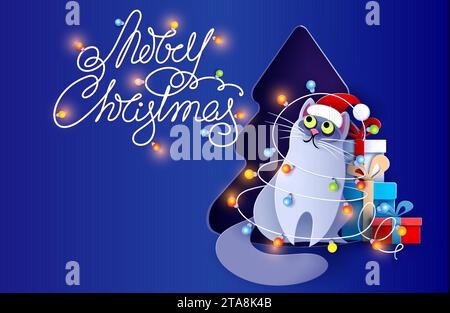 Weihnachtskarte mit Katze, die sich in einer Girlande in der Nähe des Weihnachtsbaums verheddert hat. Stock Vektor