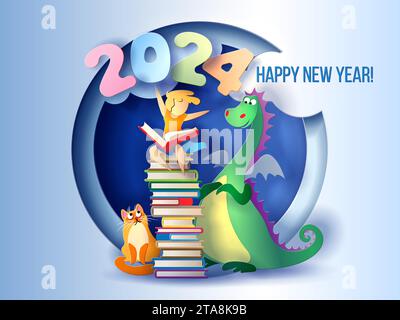2024 Neujahrs-Designkarte mit Kindern, die auf Drachen auf violettem Hintergrund fliegen Stock Vektor