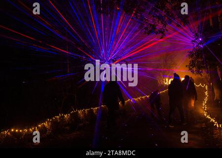 Romsey, Hampshire, Vereinigtes Königreich. November 2023. Vorschau Abend der Light Up Trails in den Sir Harold Hillier Gardens in Romsey, der morgen eröffnet wird mit einem kilometerlangen, immersiven Erlebnis, das von Light Up Trails geschaffen wird. Die prächtigen Gärten, die weltweit für ihre Sammlungen von Bäumen und seltenen Pflanzen bekannt sind, werden an Weihnachten in einem aufregenden neuen Licht gesehen, während die preisgekrönte Besucherattraktion nach Einbruch der Dunkelheit ihre Tore für ein ganz besonderes, absolut schönes Erlebnis öffnet, mit den Lichtern, die die Landschaft betonen, wie sie noch nie zuvor gesehen wurden. Quelle: Carolyn Jenkins/Alamy Live News Stockfoto