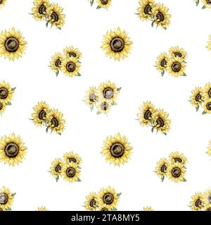 Nahtloses Muster mit Sonnenblumenstrauß Aquarell handbemalt. Zusammensetzung der gelben Blüten. Handgemalt isoliert auf weißem Hintergrund. Blumenmuster Stockfoto