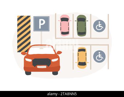 Parkbereich isoliert Konzept Vektor Illustration. Parkplatz, leerer Platz, Partie Autos, Winkel senkrecht parallel, Straßenmarkierung, unterirdische Garage, behindertengerechtes Vektorkonzept. Stock Vektor