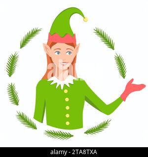 Elf zeigt mit der Hand in Richtung etwas. Stock Vektor