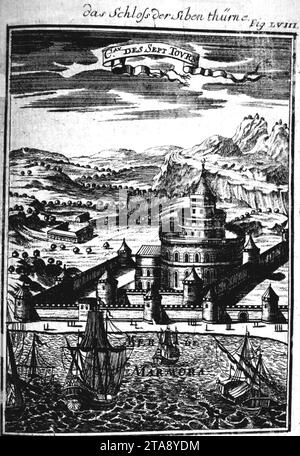 Blick auf das Schloss der sieben Türme, Beschreibung des L'Universe (Alain Manesson Mallet, 1685). Stockfoto