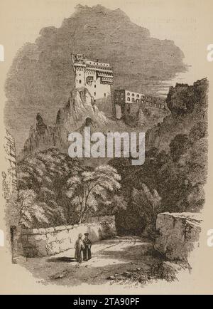 Blick auf das Kloster und das Aquädukt von Simopetra, auf dem Berg Athos, von der Küste - Curzon Robert - 1849. Stockfoto