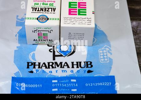 Kairo, Ägypten, 6. November 2023: Alzental Suspension Albendazol von Pharma Hub Pharmacacy, Breitband-Anthelmintikum, zur Behandlung von Enterobiasis, Askariasis, an Stockfoto