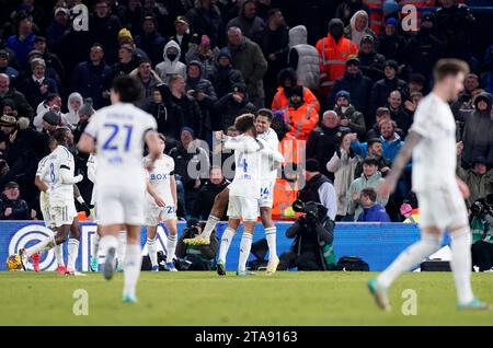 Georginio Rutter von Leeds United feiert das zweite Tor ihrer Mannschaft während des Sky Bet Championship Matches in Elland Road, Leeds. Bilddatum: Mittwoch, 29. November 2023. Stockfoto