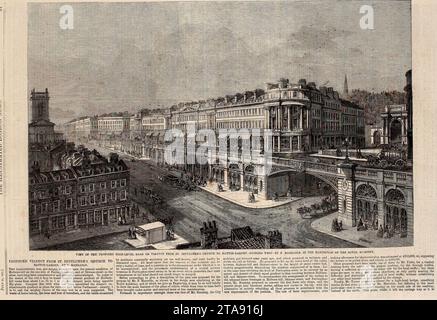 Blick auf die geplante High-Level Road oder Viaduct von St Sepulchre's Church nach Hatton-Garden, Blick nach Westen Stockfoto