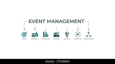 Event Management Banner Web Symbol Vektor Illustration Konzept mit Symbol und Symbol für Ziel Budgetierung Planung Logistik Standort Marketing Stock Vektor