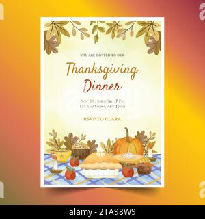 Aquarell Thanksgiving Dinner Einladung Design Vektor Illustration Stock Vektor