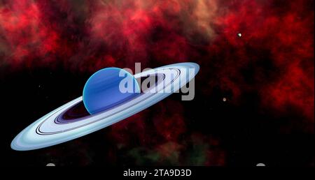 Dieser blaue, warme neptun-Planet mit einem Ring-Mond-System ist ein Exoplanet außerhalb unseres Sonnensystems. Stockfoto