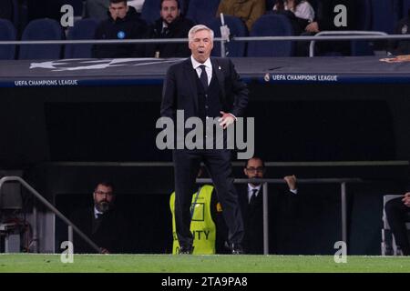 Madrid, Spanien. November 2023. UEFA Champions League Fußball-Spiel Real Madrid gegen Neapel im Santiago Bernabeu Stadium, Madrid 29. November 2023. carlo ancelotti 900/Cordon Press Credit: CORDON PRESS/Alamy Live News Stockfoto