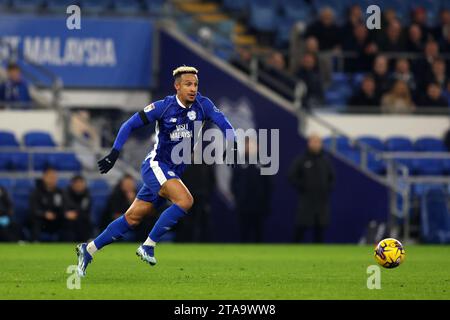 Cardiff, Großbritannien. November 2023. Callum Robinson aus Cardiff City in Aktion. EFL Skybet Championship Match, Cardiff City gegen West Bromwich Albion im Cardiff City Stadium am Dienstag, den 28. November 2023. Dieses Bild darf nur für redaktionelle Zwecke verwendet werden. Nur redaktionelle Verwendung, Bild von Andrew Orchard/Andrew Orchard Sportfotografie/Alamy Live News Credit: Andrew Orchard Sportfotografie/Alamy Live News Stockfoto