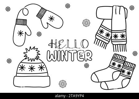 Warmes Winter Accessoire Set Fäustlinge, Hut, Schal und Socken, Doodle-Stil flache Vektor-Umrissillustration für Kinder Malbuch Stock Vektor