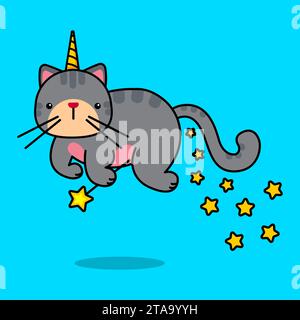 Süßer magischer Charakter einer fetten fliegenden Katze. Illustration des Zeichentrickvektors. Zauberstab und Sterne. Vektorabbildung. Stock Vektor