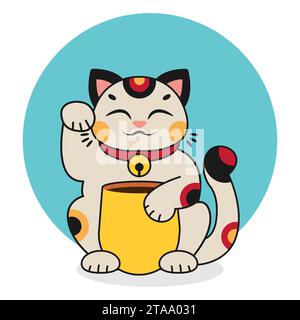 Isolierte Illustration von Maneki Neko. Charaktere asiatischer glücklicher Katzen. Japanische Kultur. Comic Clipart. Vektorabbildung Stock Vektor