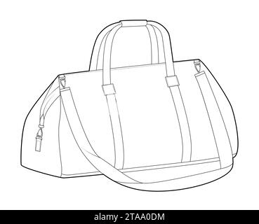 Weekender Bowlingtasche mit Schultergurt. Mode Accessoire technische Illustration. Vektor-Satchel vorne 3-4 Ansicht für Männer, Frauen, Unisex-Stil, flache Handtasche CAD Modell Skizze isoliert Stock Vektor