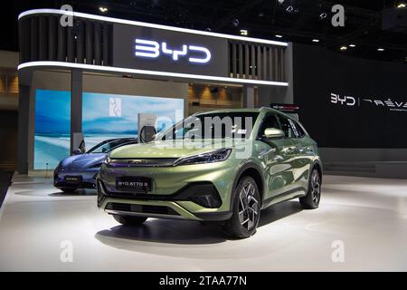 BYD Atto 3 EV-Fahrzeug auf der 40. Thailand International Motor Expo 2023 am 29. November 2023 in Nonthaburi, Thailand. Stockfoto