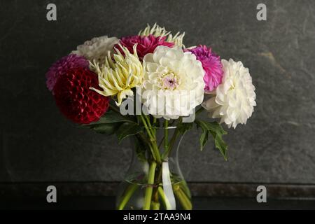 Blumenstrauß mit wunderschönen Dahlienblumen in Vase nahe der grauen Wand Stockfoto