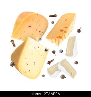 Verschiedene Käsesorten und Gewürze auf weißem Hintergrund Stockfoto