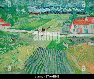 Vincent van Gogh - Landschaft mit Kutsche und Zug (1890). Stockfoto