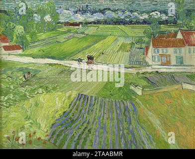 Vincent van Gogh - Landschaft mit Kutsche und Zug im Hintergrund (1890). Stockfoto