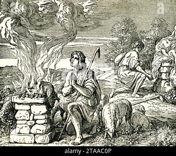 Der Titel von 1895 lautet: "Abels Opfer." Abel, ein großzügiger Hirte, opferte das stärkste seiner Schafe als Opfergabe an Gott. Aber Kain, ein elender Bauer, bot ihm nur einen Haufen Gras und ein paar wertlose Samen an. Gott nahm Abels Opfer an und lehnte Kain ab – ein Hinweis darauf Stockfoto
