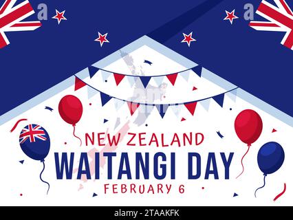 Happy Waitangi Day Vektor-Illustration am 6. Februar mit Neuseeland Flagge und Karte im National Holiday Flat Cartoon Hintergrund Design Stock Vektor