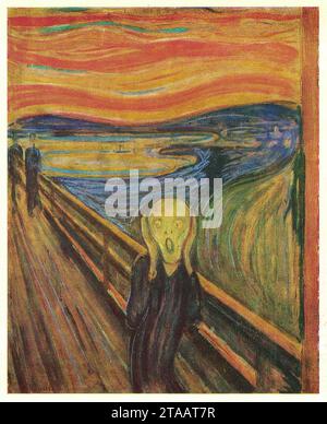 Kunstwerk The Scream von Edvard Munch, 1893. Öl auf Leinwand. Edvard Munch (* 12. Dezember 1863 – 23. Januar 1944) war ein norwegischer Maler. Sein 1893 erschienenes Werk The Scream ist eines der meistgelobten Bilder der westlichen Kunst. Der Schrei ist Munchs berühmtestes Werk und eines der bekanntesten Gemälde aller Kunst. Es wurde weithin interpretiert, als repräsentierte es die universale Angst des modernen Menschen. Mit breiten Streifen von grellen Farben und stark vereinfachten Formen bemalt, und mit einem hohen Blickwinkel reduziert es die qualvolle Figur auf einen vermasselten Schädel in den Fängen einer emotionalen Krise. Mit diesem Schmerz Stockfoto