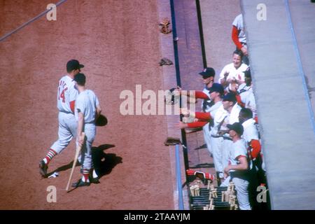 LOS ANGELES, CA - 28. APRIL: Ken Boyer #14 von der St. Louis Cardinals wird von seinen Teamkollegen im Dugout gratuliert, nachdem er am 28. April 1963 im Dodger Stadium in Los Angeles einen seiner beiden Homers getroffen hatte. (Foto von Hy Peskin) *** Lokale Bildunterschrift *** Ken Boyer Stockfoto