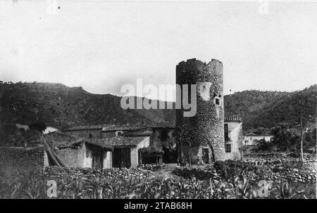 Vista Parcial de Cal Bacó amb la torre Stockfoto