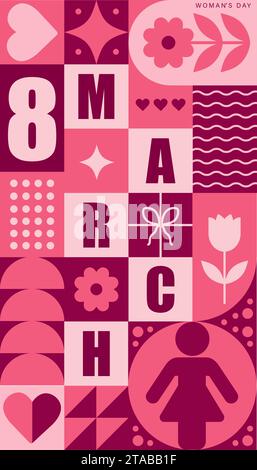 8. märz: Modernes geometrisches Neo-Poster. Internationaler Frauentag. Abstrakter Hintergrund mit einfachen Ikonen im minimalistischen bauhaus-Stil. Vektorabbildung Stock Vektor