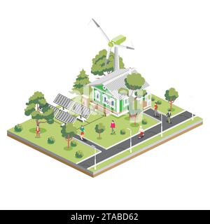 Isometrisches altes Haus mit Sonnenkollektoren und Windturbine in Vorstadt. Umweltfreundliches Haus. Infografik-Element. Vektorabbildung. Stadtarchitektur. Stock Vektor