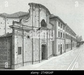 VOGHERA antica chiesa dei Gesuiti e collegio-convitto nazionale xilografia di Barberis. Stockfoto