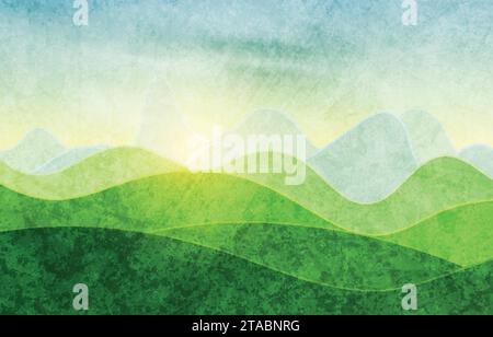 Natürliche sonnige Tageslandschaft mit Feldern und Hügeln. Reiseurlaub Vektor Grunge Hintergrund. Konzept für den Außenbereich Stock Vektor