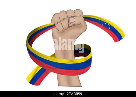 3D-Abbildung. Hand hält Flagge von Venezuela auf einem Stoffband Hintergrund. Stockfoto