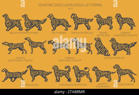 Der Hund züchtet Silhouetten mit Schriftzug, schlichtem Clipart. Jagdhunde und Waffenhunde Sammlung. Vektorabbildung Stock Vektor