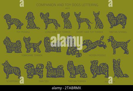 Der Hund züchtet Silhouetten mit Schriftzug, schlichtem Clipart. Sammlung von Begleithunden und Spielzeughunden. Vektorabbildung Stock Vektor