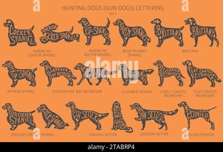 Der Hund züchtet Silhouetten mit Schriftzug, schlichtem Clipart. Jagdhunde und Waffenhunde Sammlung. Vektorabbildung Stock Vektor