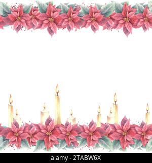 Aquarellmalerei mit nahtlosem Rand, Rahmen aus roten Weihnachtsstern und Blättern mit flammenden Kerzen, Spritzern. Illustration für Weihnachten, Neujahr Stockfoto