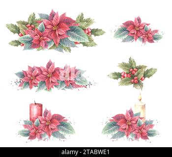 Aquarellanordnung Set aus roten, rosa, gelben Weihnachtsstern, Blättern, stechpalmenbeere mit Kerzen. Weihnachten, Neujahr Illustration gemalt Clipart für Stockfoto