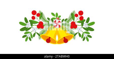 Weihnachtsgirlande mit Glocken und Pflanzenzweigen, Blumen und Beeren. Stock Vektor