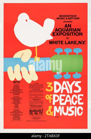 Woodstock, August 1969 Vintage-Konzertposter - 3 Tage Frieden und Musik, White Lake New York Stockfoto