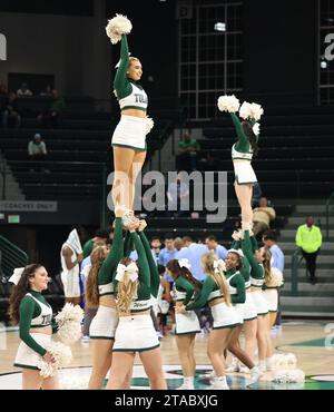 New Orleans, USA. November 2023. Die Tulane Green Wave Cheerleader treten am Mittwoch, den 29. November 2023, während eines Basketballspiels für Männer in der Fogleman Arena in New Orleans, Louisiana, auf. (Foto: Peter G. Forest/SIPA USA) Credit: SIPA USA/Alamy Live News Stockfoto